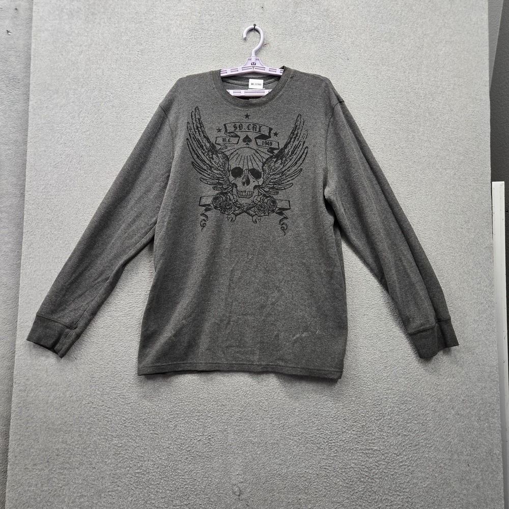 Old Navy Men Shirt XL Gray Floral Rose Skull Wings SoCal Graphic Waffle Knit Y2K